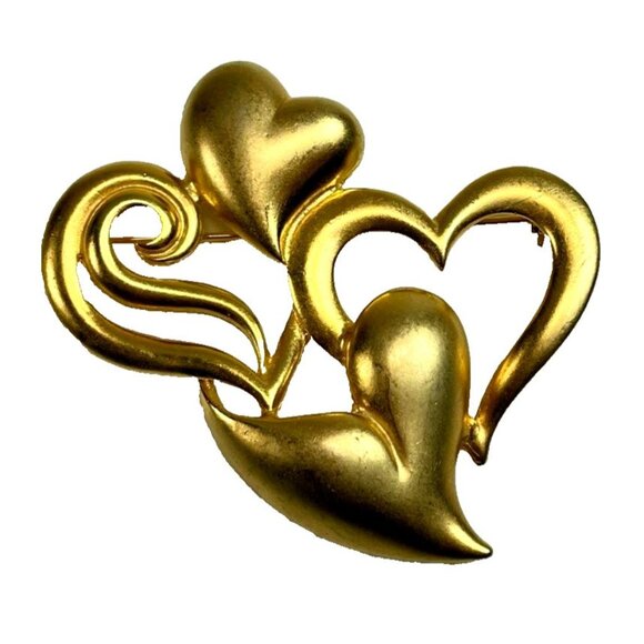 Vintage 80s M Jent Multi Heart Brooch Matt Gold Tone 2.5" Signed - Picture 1 of 9